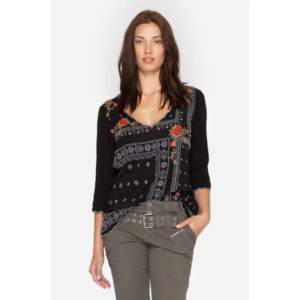 Johnny Was Bennett Black Floral Embroidered V-Neck Blouse Top